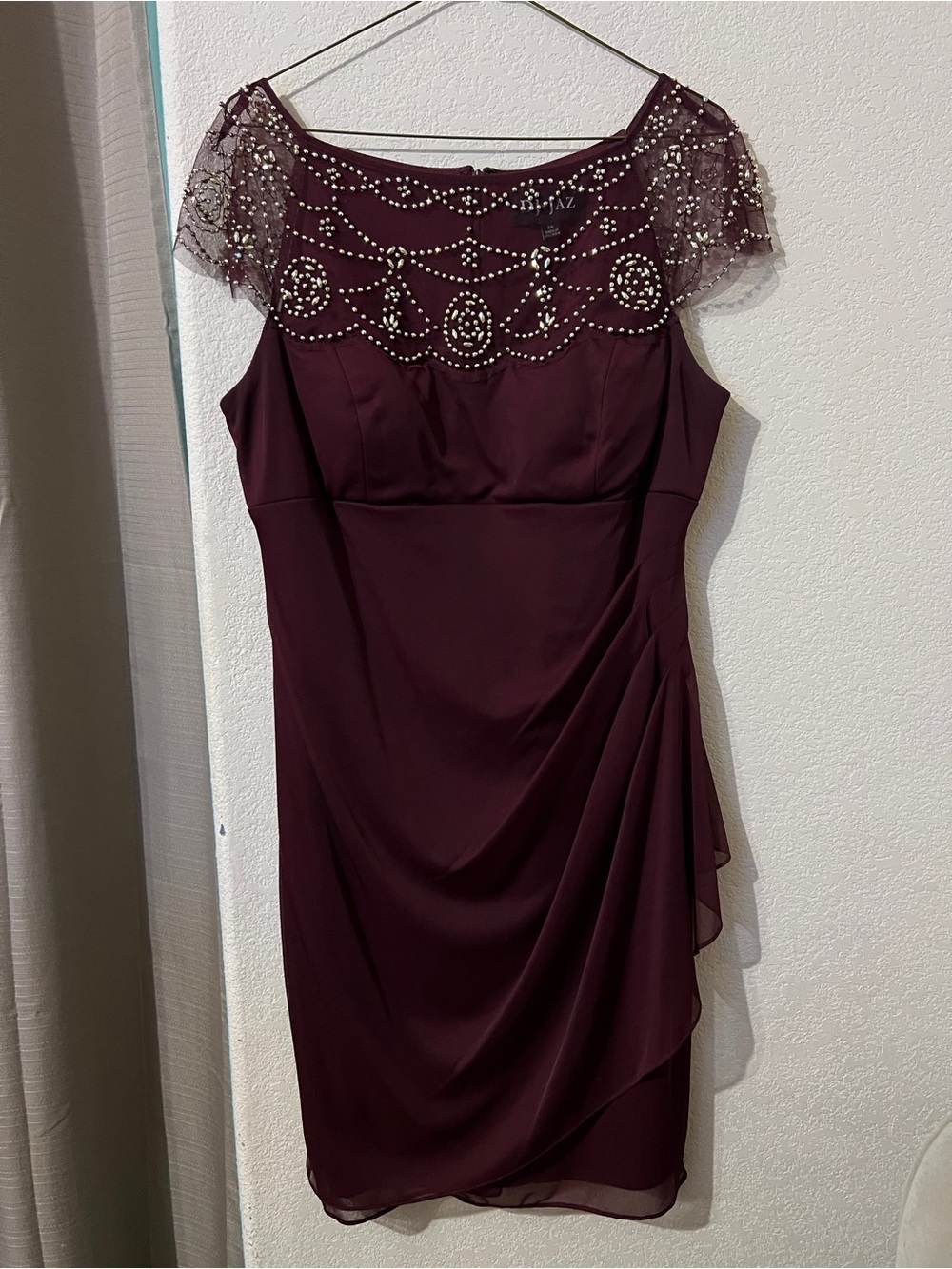 DJ-JAZ Burgundy Beaded Cocktail Dress, Size 14 Midi Evening Dress